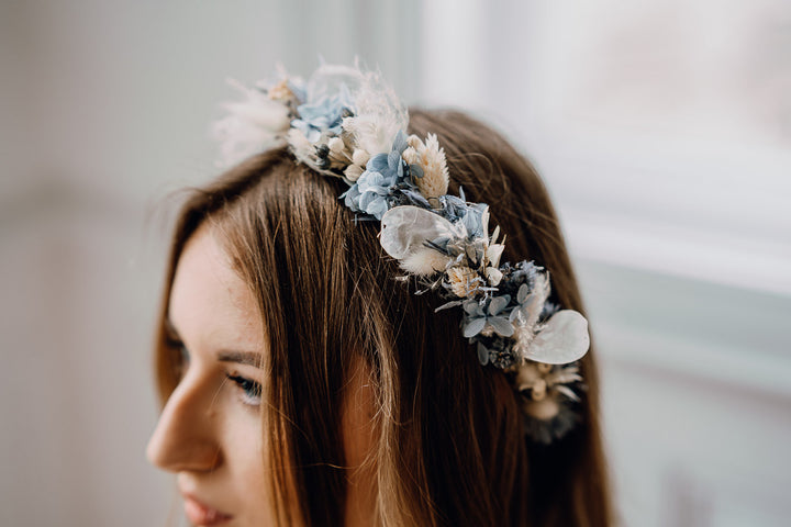 Premium Flower Crown | Dusty Blue & Ivory